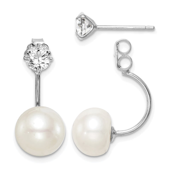 Sterling Silver Rhodium-plated 9-10mm White Button Freshwater Cultured Pearl and CZ Front and Back Post Dangle Earrings - Birthstone Company