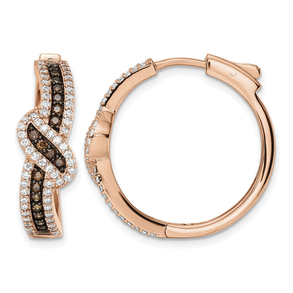 Sterling Silver Rose-tone Blk Rhodium-plate CZ Fancy Hinged Hoop Earrings - Birthstone Company