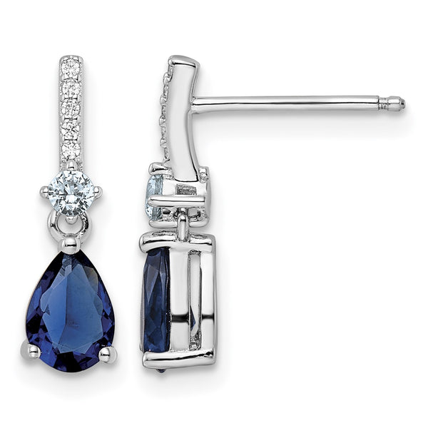Sterling Silver Rhodium-plated CZ and Blue Glass Post Dangle Earrings - Birthstone Company