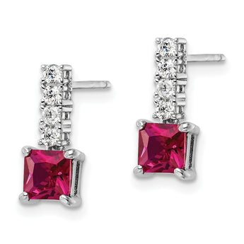 Sterling Silver Rhodium-plated Created Ruby and CZ Post Dangle Earrings - Birthstone Company
