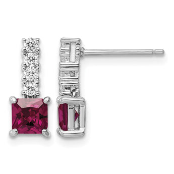 Sterling Silver Rhodium-plated Created Ruby and CZ Post Dangle Earrings - Birthstone Company
