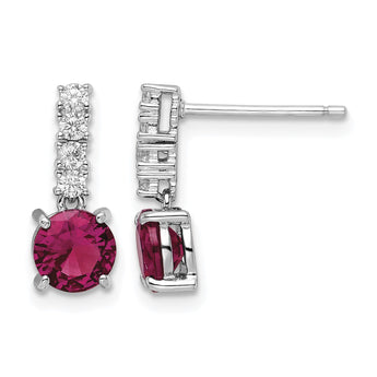 Sterling Silver Rhodium-plated Created Ruby and CZ Post Dangle Earrings - Birthstone Company