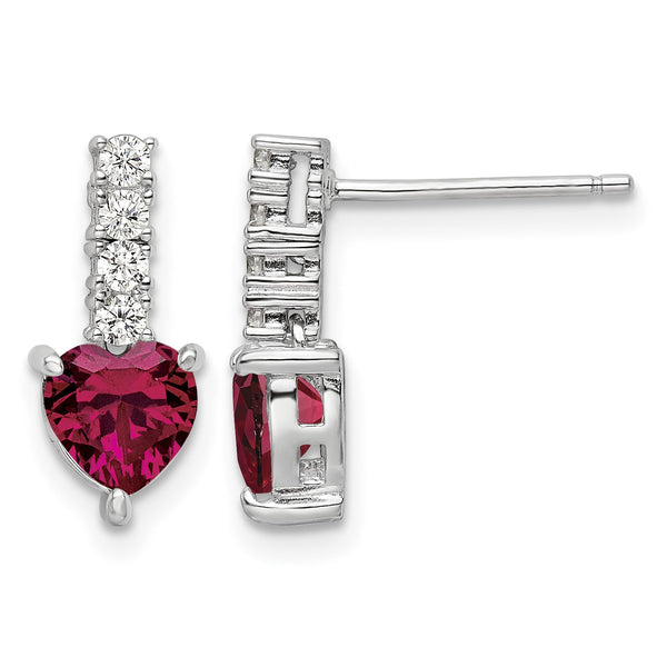 Sterling Silver Polish Rhod-plated Created Ruby Heart Post Dangle Earrings - Birthstone Company