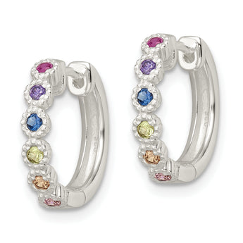 Sterling Silver Polished Multicolor CZ Round Hinged Hoop Earrings