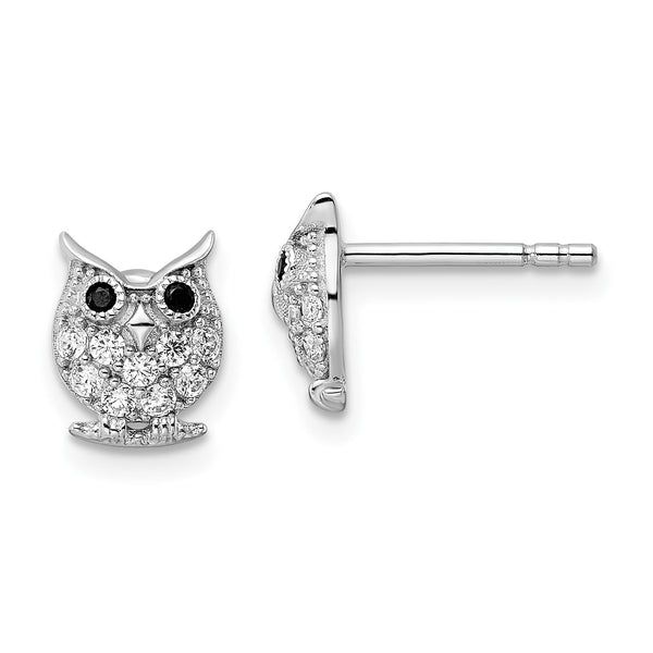 Sterling Silver Rhodium-plated Black & White CZ Owl Post Earrings