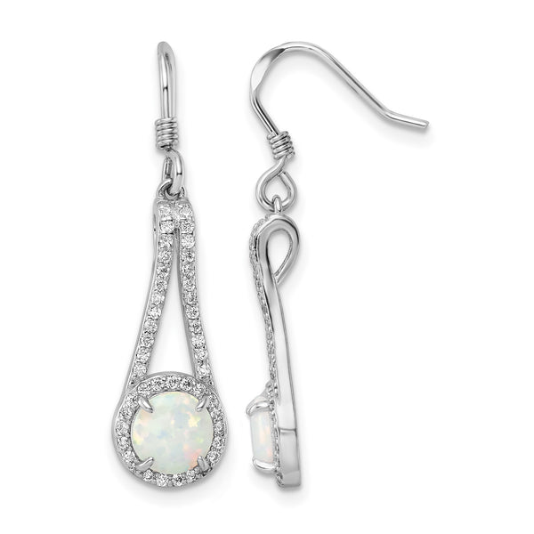 Sterling Silver Rhodium-plated CZ & White Created Opal Dangle Earrings - Birthstone Company