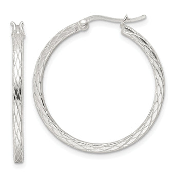 Sterling Silver Rhodium-plated Diamond Pattern Hoop Earrings