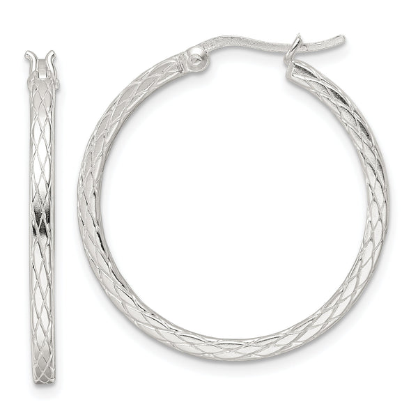 Sterling Silver Rhodium-plated Diamond Pattern Hoop Earrings