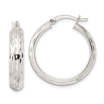 Sterling Silver Polished Diamond-cut 5x25mm Hoop Earrings