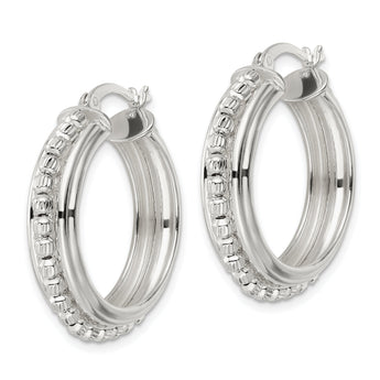 Sterling Silver Polished and DIamond-cut Beaded Hoop Earrings