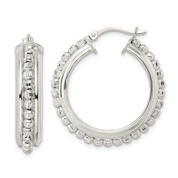Sterling Silver Polished and DIamond-cut Beaded Hoop Earrings