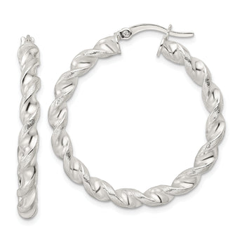 Sterling Silver Polished and Textured Twisted Circle Hoop Earrings