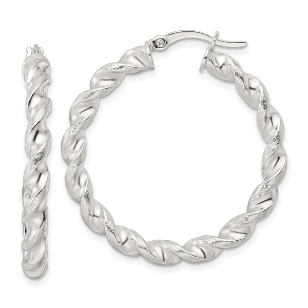Sterling Silver Polished and Textured Twisted Circle Hoop Earrings