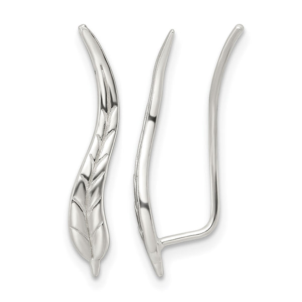 Sterling Silver Polished & Textured Wavy Leaf Dangle Earrings - Birthstone Company