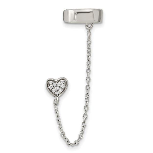 Sterling Silver RH-plated CZ Heart w/ 2in Chain Single Post & Cuff Earrin - Birthstone Company