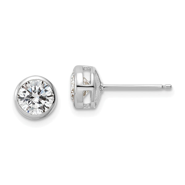Sterling Silver Rhod-plated Polished 6mm Round CZ Bezel Set Stud Earrings