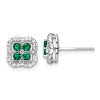 Sterling Silver Rhod-plated Polished Green & White CZ Clover Post Earrings