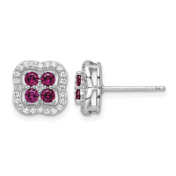 Sterling Silver Rhodium-plated Created Ruby and CZ Clover Post Earrings - Birthstone Company