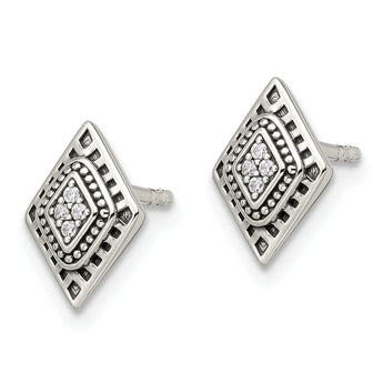 Sterling Silver Polished & Antiqued CZ Diamond-shape Post Earrings