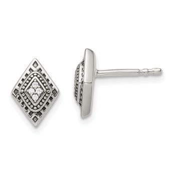 Sterling Silver Polished & Antiqued CZ Diamond-shape Post Earrings