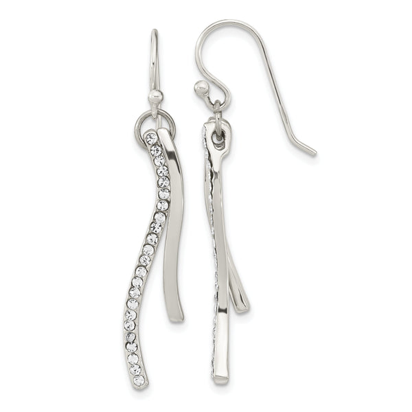 Sterling Silver Polished CZ Wavy Bar Dangle Shephard Hook Earrings