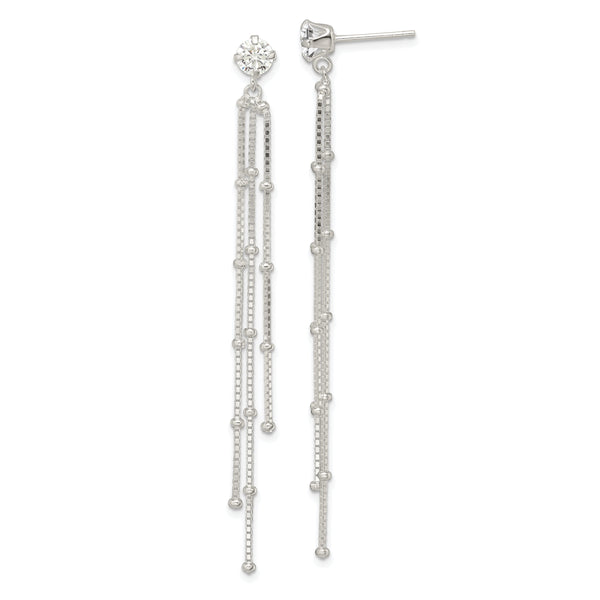 Sterling Silver Polished CZ & Beaded Chain Post Dangle Earrings
