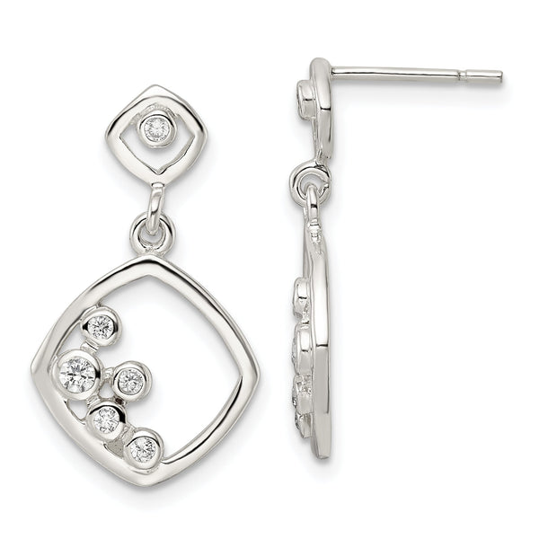 Sterling Silver Polished CZ Square Dangle Post Earrings