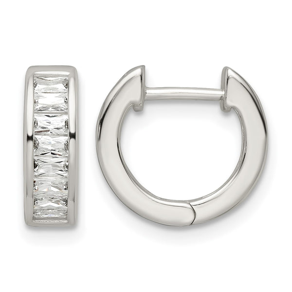 Sterling Silver Polished Baguette CZ Hinged Hoop Earrings - Birthstone Company