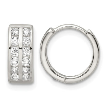Sterling Silver Polished 2 Row CZ Hinged Hoop Earrings - Birthstone Company