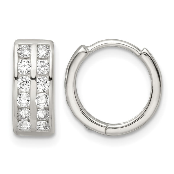 Sterling Silver Polished 2 Row CZ Hinged Hoop Earrings - Birthstone Company
