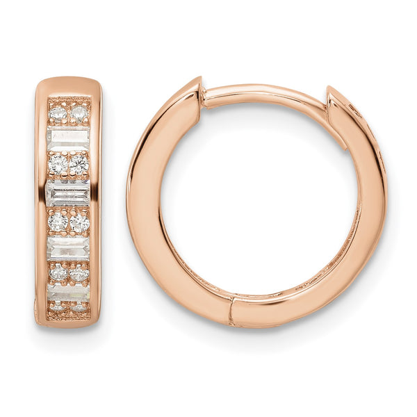 Sterling Silver Polished Rose-tone CZ Hinged Hoop Earrings - Birthstone Company