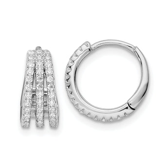 Sterling Silver Rhodium-plated Polished Triple Row CZ Hinged Hoop Earrings
