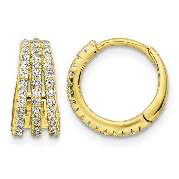 Sterling Silver Gold-tone Polished Triple Row CZ Hinged Hoop Earrings - Birthstone Company