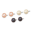 Sterling Silver Rh-pl 6-7mm Set of 3 Wt/BK/Pink Round FWC Pearl Earrings