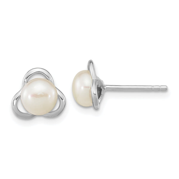 Sterling Silver Rho-plated 6-7mm White Button FWC Pearl Post Earrings
