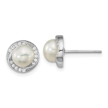 Sterling Silver Rhodium-plated 6-7mm White Button Freshwater Cultured Pearl and CZ Post Earrings