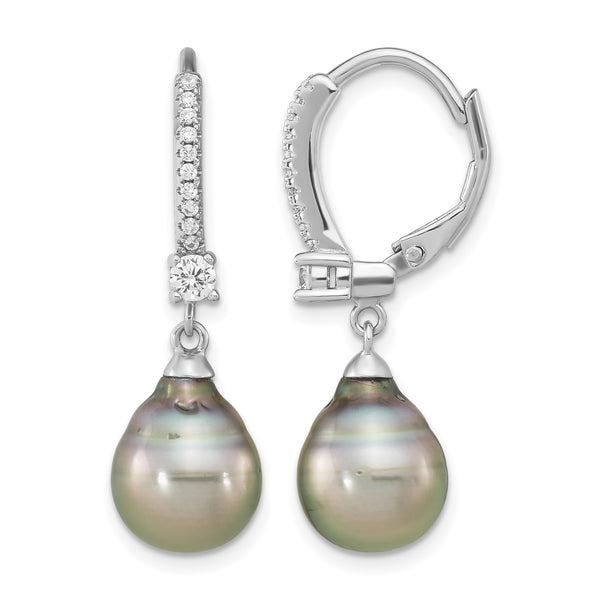 Sterling Silver Rhodium-plated 9-10mm Black Teardrop Tahitian Saltwater Cultured Pearl and CZ Dangle Leverback Earrings - Birthstone Company