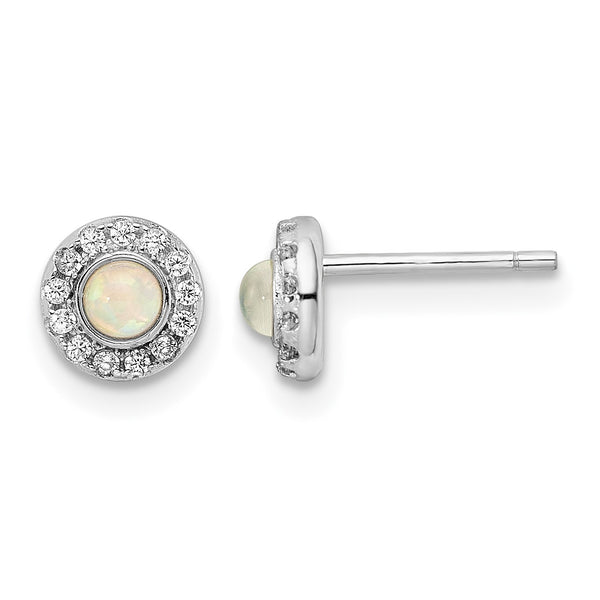 Sterling Silver Rhod-plated Polished Created Opal & CZ Halo Post Earrings - Birthstone Company