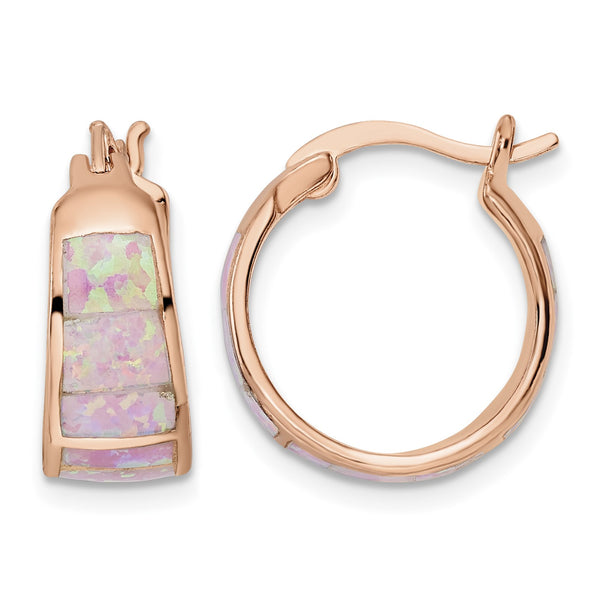Sterling Silver Rose-tone Polished Pink Created Opal Inlay Hoop Earrings - Birthstone Company
