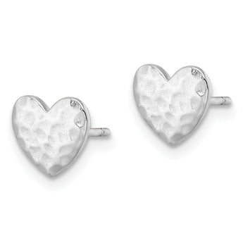 Sterling Silver Rhodium-plated Polished Hammered Heart Post Earrings