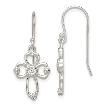 Sterling Silver Polished & Beaded CZ Cross Dangle Earrings