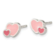 Sterling Silver Rhodium-plated Pink Enamel Double Heart Post Earrings