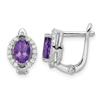 SS Rhod-plated 2.02Amethyst/WhiteTopaz Oval Hinged Earrings - Birthstone Company