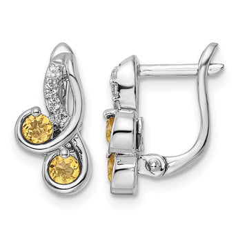 SS Rhod-plate .52t.w. Citrine/White Topaz Swirl Hinged Earring - Birthstone Company