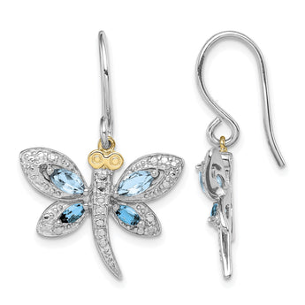 Brilliant Gemstones Sterling Silver with 14K Accent Rhodium-plated Light Blue Topaz and London Blue Topaz and Diamond Dragonfly Shepherd Hook Dangle Earrings - Birthstone Company