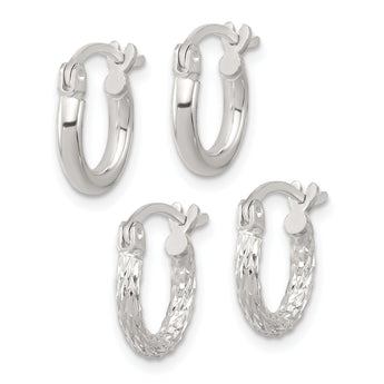 Sterling Silver Rhodium-plated Polished/Textured D/C 2 Pr. Hoop Earring Set