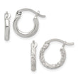 Sterling Silver Rhodium-plated Polished/Textured D/C 2 Pr. Hoop Earring Set