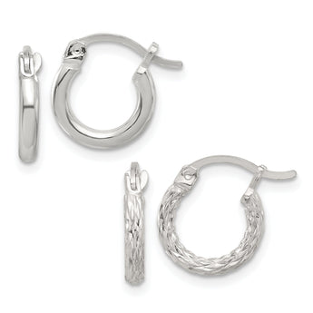 Sterling Silver Rhodium-plated Polished/Textured D/C 2 Pr. Hoop Earring Set