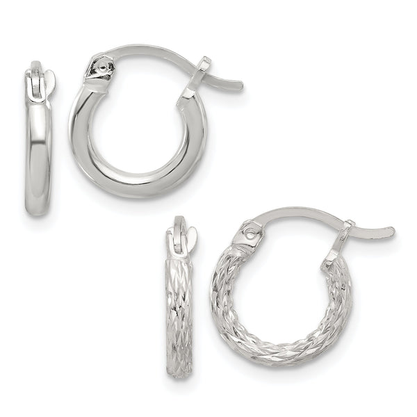 Sterling Silver Rhodium-plated Polished/Textured D/C 2 Pr. Hoop Earring Set