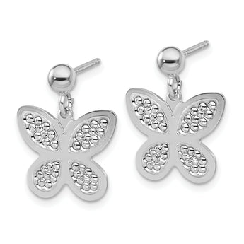 Sterling Silver Rhodium Plated Polished  Beaded Butterfly Earrings